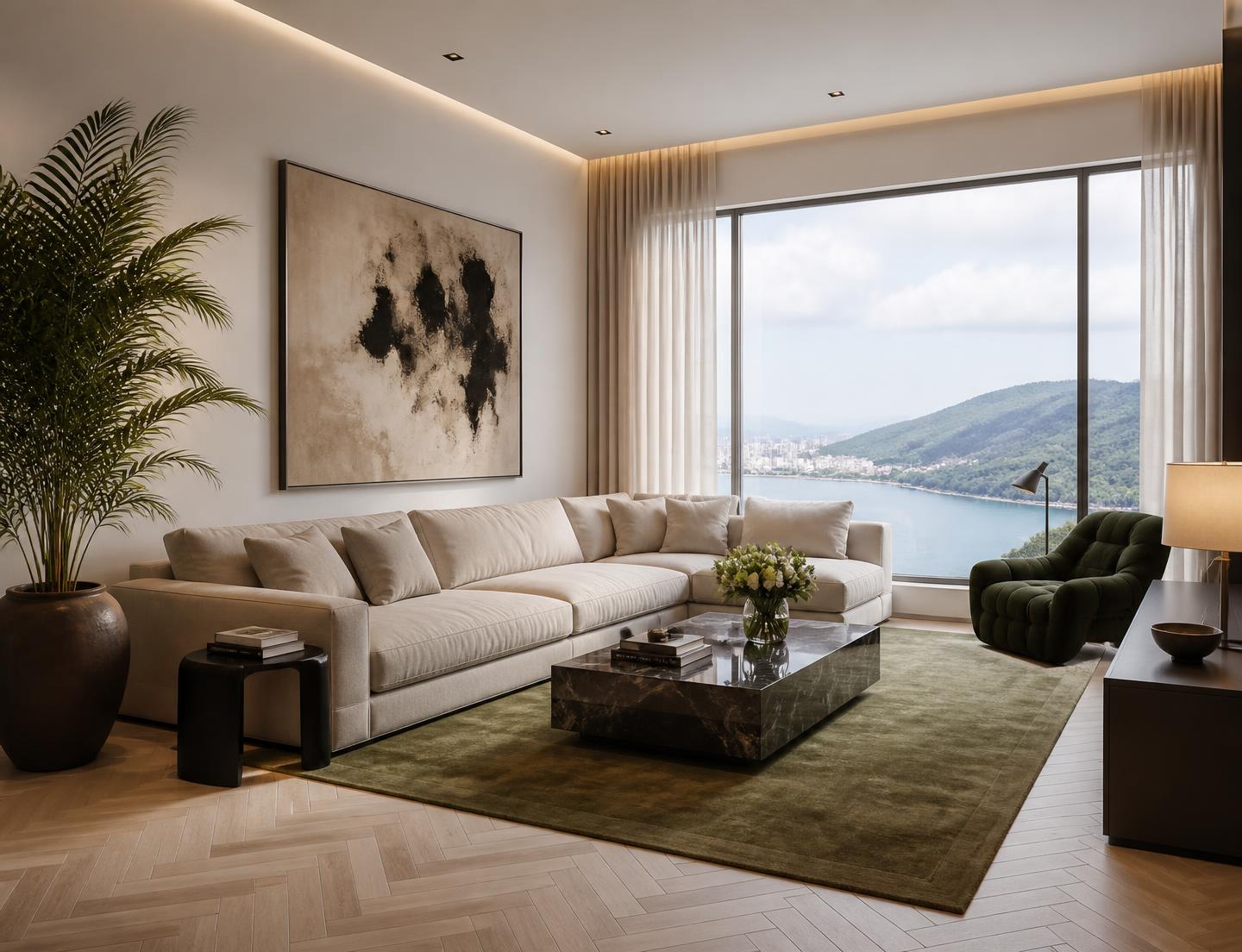 Residential living room with sea and hillside view in Hong Kong