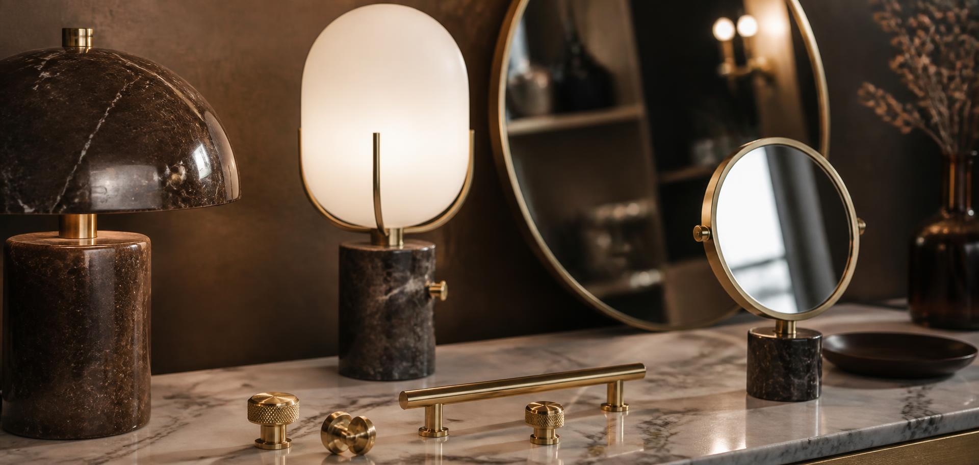 Designer table lamps and brass hardware on a marble surface